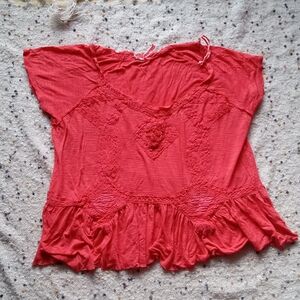 Free People Coral Embroidered Top